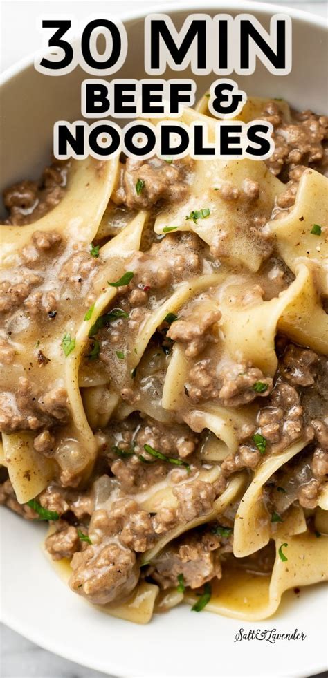 a bowl of pasta with text overlay that reads 30 min beef and noodles ...