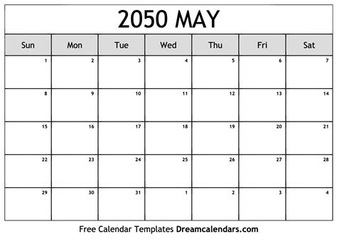 May 2050 Calendar - Free Printable with Holidays and Observances