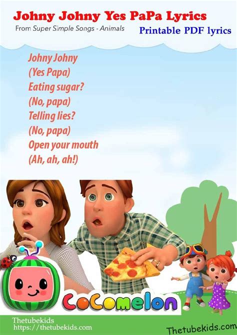 Johny Johny Yes Papa Printable PDF Lyrics - 2024