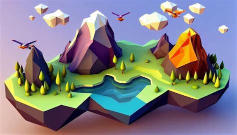 Premium AI Image | A low poly landscape with mountains and a lake.