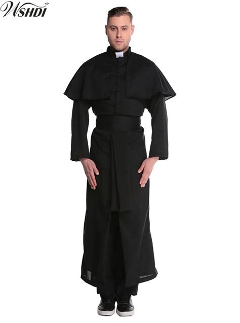 2018 Mens Priest Halloween Masquerade Cosplay Jesus Christ Costume Man Adult Black Nun Robes ...