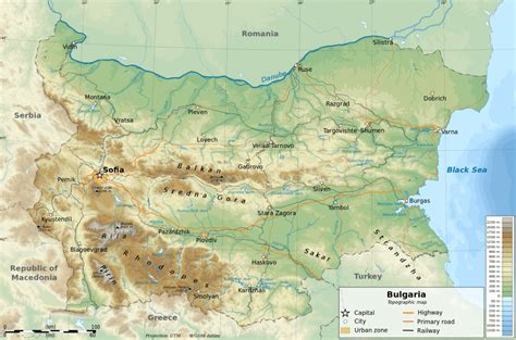 A fine, clean physical map of Bulgaria with its major mountains, rivers, cities and roads ...