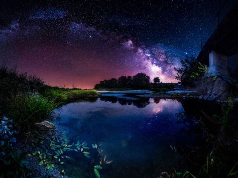 Wallpaper Beautiful night, pond, house, starry, sky, stars 1920x1440 ...