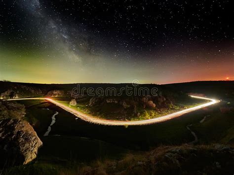 Night Sky with Milky Way and Stars, Night Road Illuminated Stock Photo ...