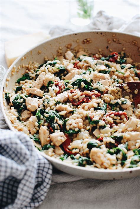 Barley Risotto with Chicken, Spinach and Sun-dried Tomatoes - Bev Cooks