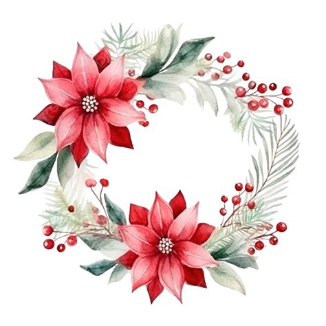 Watercolor Christmas Poinsettia Wreath With Pine Branches Isolated On White, Leaves Wreath ...