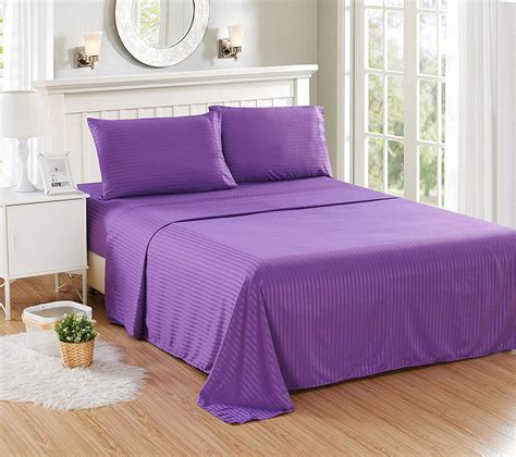 Stripes Bed Sheet Set (King,Purple) 4 Pieces Deep Pocket 1800 Series ...