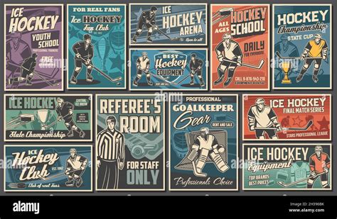 Hockey players vintage posters and banners. Ice hockey championship ...