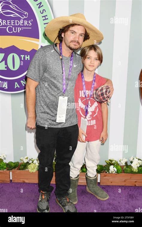 ARCADIA, CALIFORNIA - NOVEMBER 04: Emile Hirsch, Valor Hirsch attends the 2023 Breeders' Cup ...