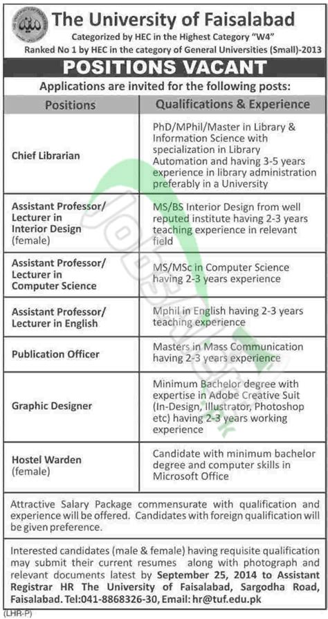 University of Faisalabad Jobs 2014 Faculty & Non-Faculty Staff ...