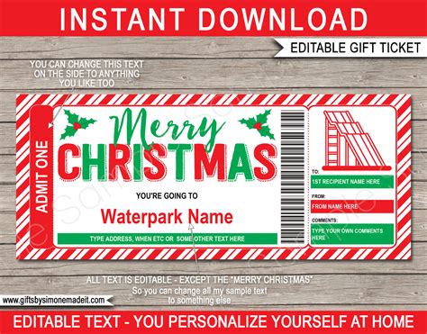 Christmas Water Park Ticket Template Printable Gift Voucher Certificate ...