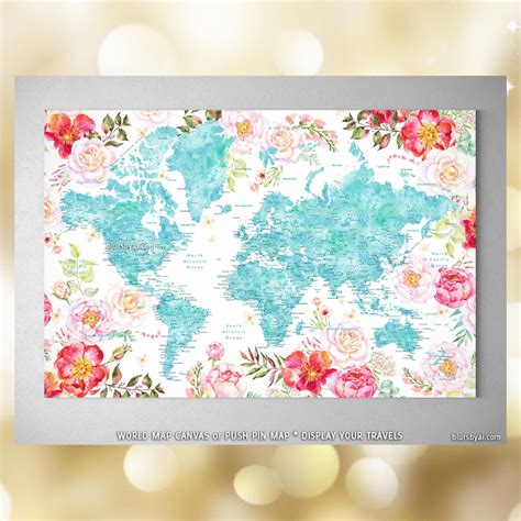 Aquamarine watercolor floral world map canvas print or push pin map ...