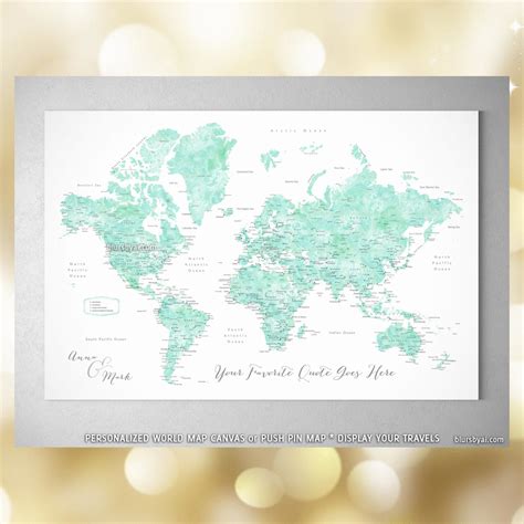 Custom world map with cities, canvas print or push pin map in mint watercolor. "Desie" # ...