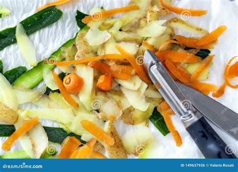 Vegetable Peels of Carrots, Potatoes and Zucchini Freshly Peeled with a ...