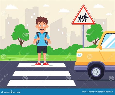 A Schoolboy Crosses the Road on a Zebra Crossing. Stock Vector ...