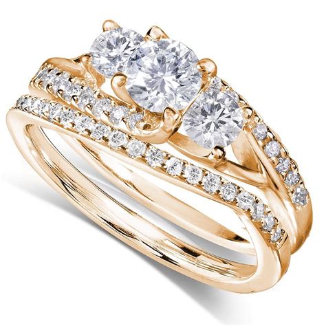 GIA Certified 1 Carat Trilogy Round Diamond Wedding Ring Set in Yellow Gold - JeenJewels