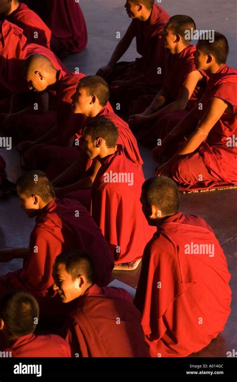 Tibetan Buddhist monks in red robes listening teachings in yard of ...