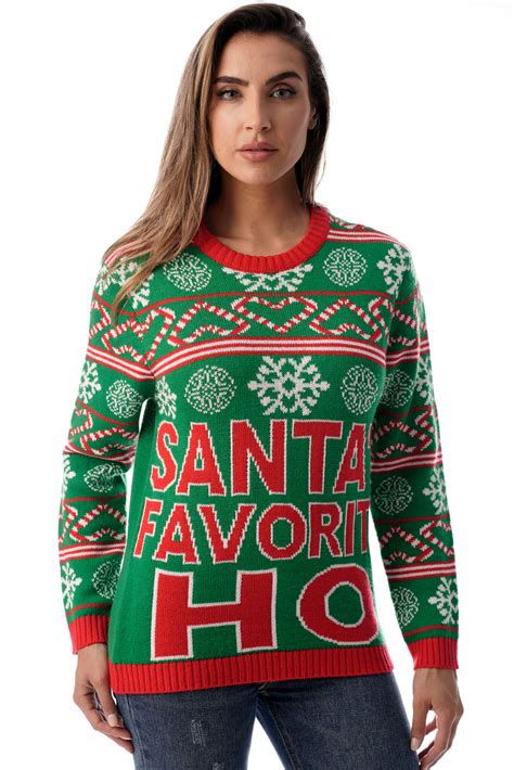 #followme Womens Ugly Christmas Sweater - Sweaters for Women (Green - Santa's Favorite, Large ...