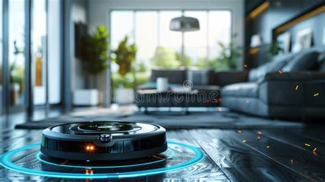 Futuristic Wireless Vacuum Robot Cleaning Living Room on Schedule with ...