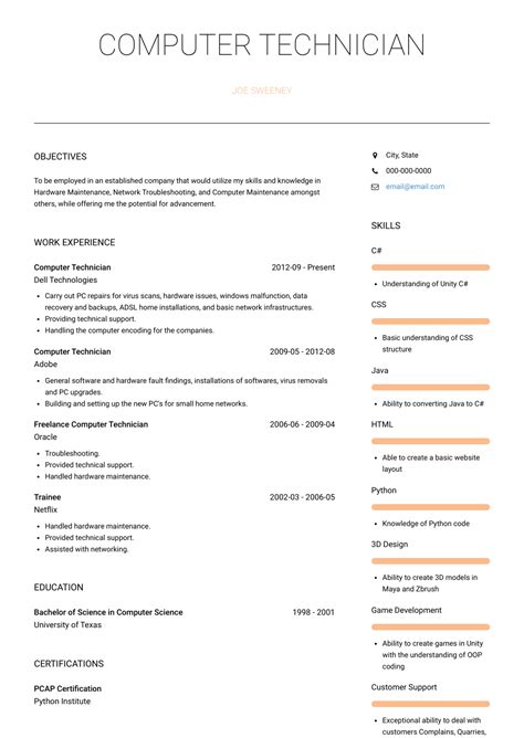 Computer Technician - Resume Samples and Templates | VisualCV