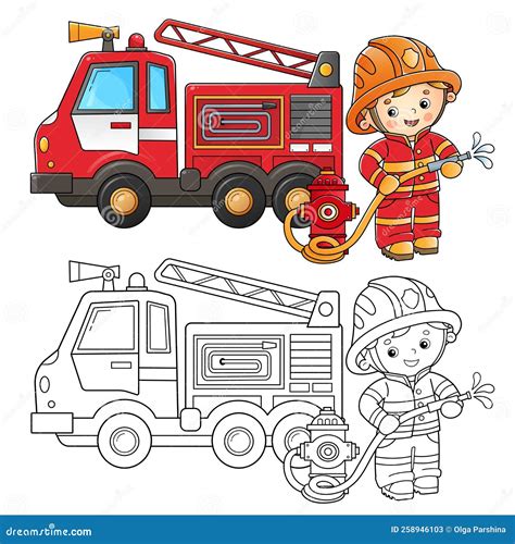 Coloring Page Outline of Cartoon Fire Truck with Fireman or Firefighter. Fire Fighting ...