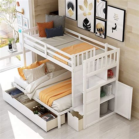 Twin Over Full/Twin Bunk Bed with Stairs, Cabinet and Drawers Wood ...