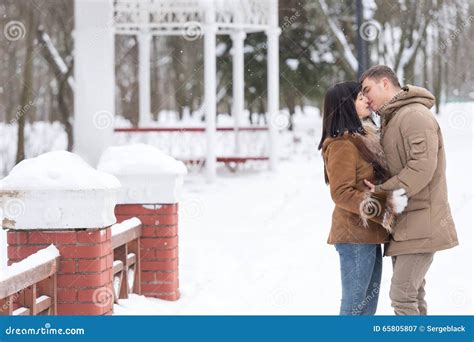 Happy Young Couple in Winter Park Love and Kiss Stock Image - Image of winter, valentine: 65805807