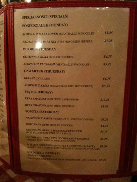 Menu at Polish Village Cafe, Hamtramck