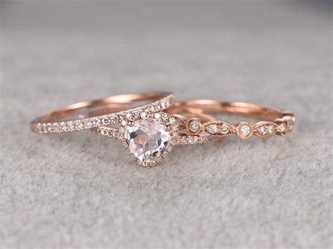 3pcs Morganite Bridal Ring Set,Engagement Ring Rose Gold,Diamond Wedding Band,14k,6mm Heart ...