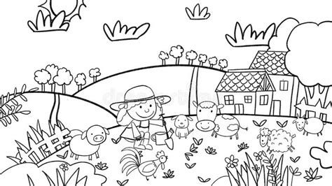 Farm Drawing Outline Template for Coloring and Art Class Tutorials Stock Illustration ...