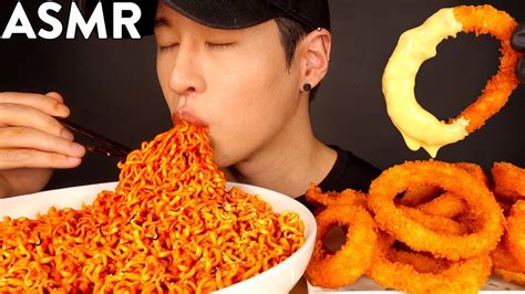 ASMR NUCLEAR FIRE NOODLES \u0026 CHEESY ONION RINGS MUKBANG (No Talking ...