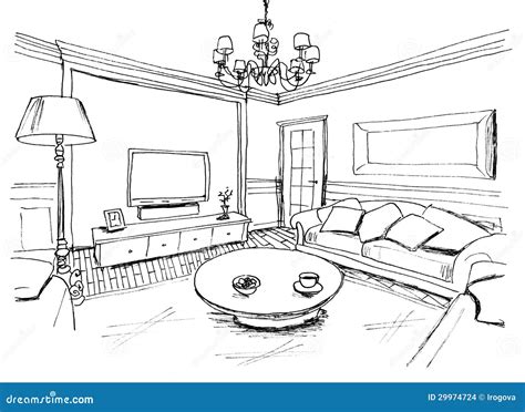 Graphical Sketch of an Interior Living Room Stock Illustration - Illustration of family, home ...