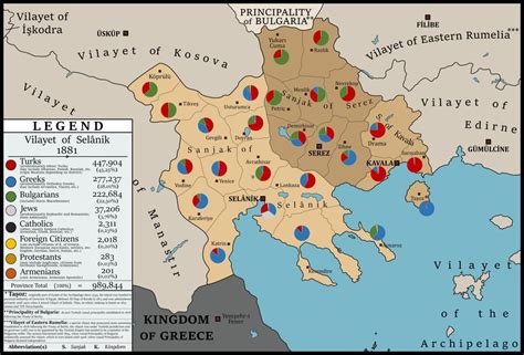 Ethnic map of the Vilayet (province) of Selanik (Thessaloniki) under Ottoman-Turkish rule. (1881 ...