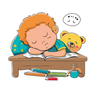 Preschool Nap Time Vector, Sticker Clipart Boy Is Sleeping At His Desk With Book And Teddy Bear ...