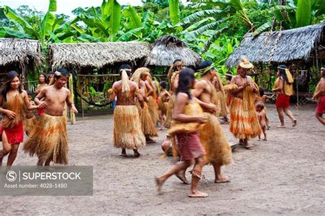 Iquitos, Peru, Amazon Jungle, A Yagua Tribe does a cermonial dance in ...