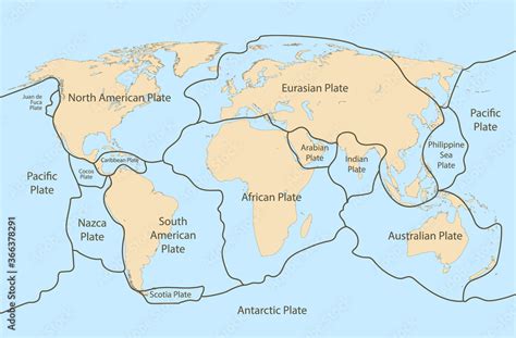 Tectonic plate earth map. Continental ocean pacific, volcano ...