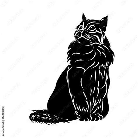 Fluffy cat black silhouette on white background, vector Stock Vector ...