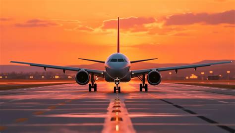 Airplane taking off at dusk, flying towards a beautiful sunset ...