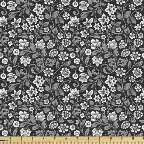 Black and Grey Fabric by the Yard Upholstery, Continuous Floral Pattern with Berries and Leaves ...