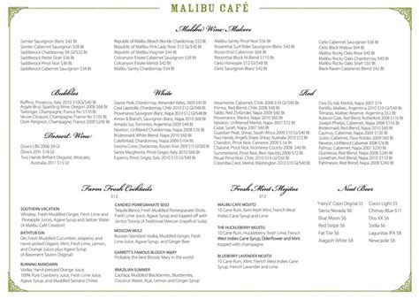 Menu at The Malibu Cafe, Malibu