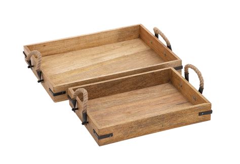 Decmode Natural Rectangular Wood Serving Trays with Jute Rope Handles and Black Hardware, Set of ...