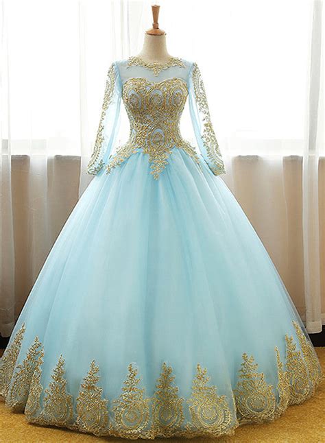 Mint Blue Long Sleeves with Gold Lace Long Party Dress, Tulle Round Ne ...