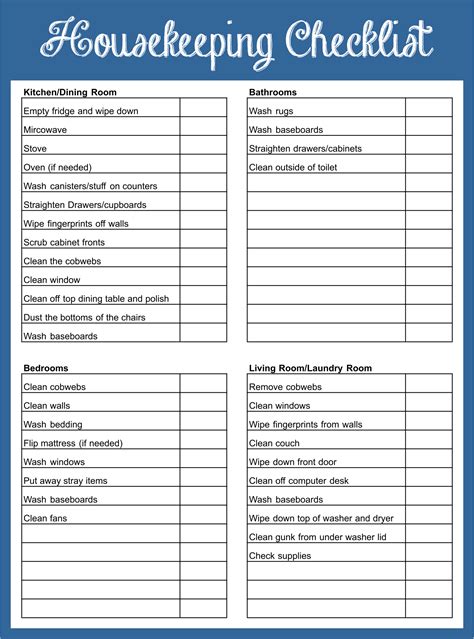 Housekeeping Cleaning Checklist - 10 Free PDF Printables | Printablee