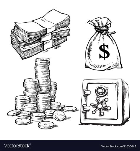 Sketch of paper money stack coins sack Royalty Free Vector