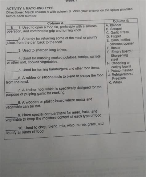 ACTIVITY I: MATCHING TYPE Directions: Match column A with column B. Write your answer on the ...