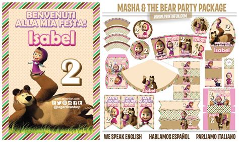 masha and the bear party package with stickers, tags, and other items