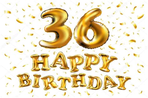 Happy birthday 36 years anniversary joy celebration. 3d Illustration with brilliant gold ...