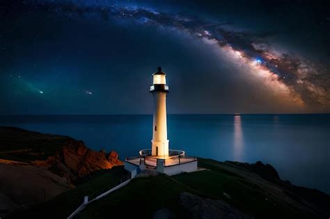 Premium Photo | A lighthouse stands on a cliff overlooking the ocean at night.