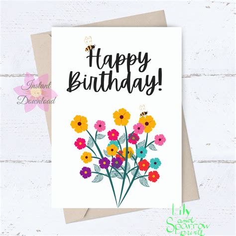 Printable Birthday Card for Her Happy Birthday Bees Flower - Etsy