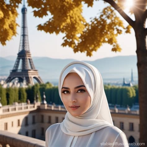 Hijab-Wearing Woman against Eiffel Background, High Definition | Stable Diffusion Online
